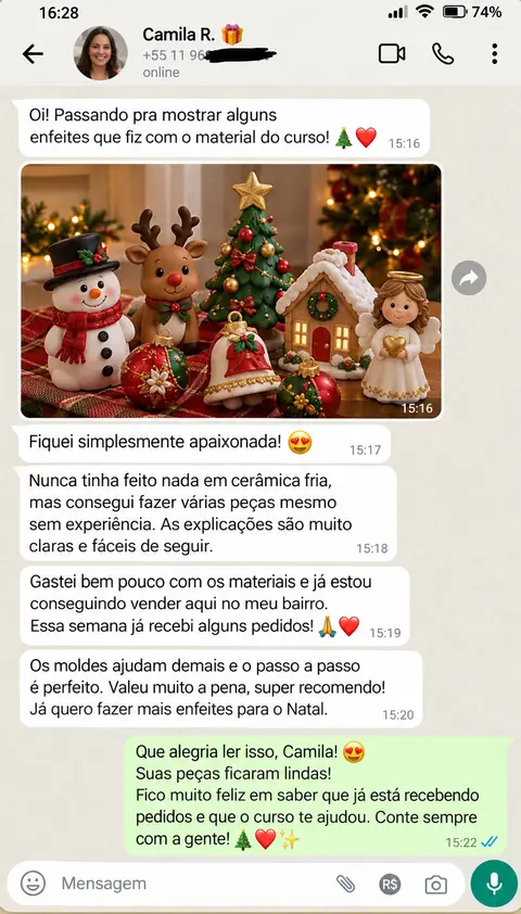 Conversa no WhatsApp: Camila mostra os enfeites que fez com o material do curso