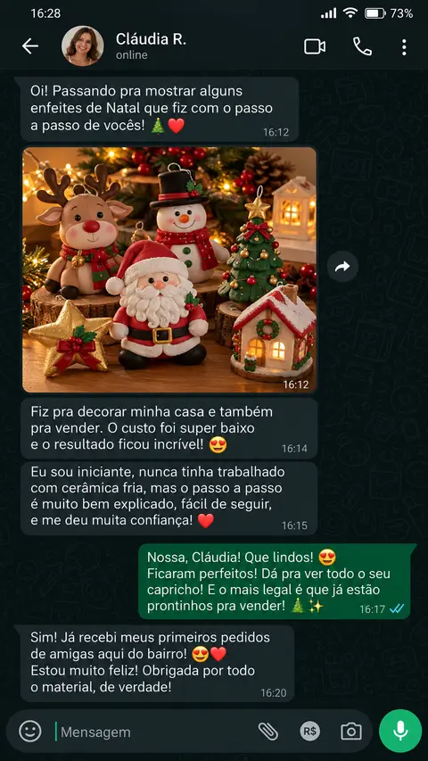 Conversa no WhatsApp: Cláudia mostra os enfeites de cerâmica fria que fez para vender